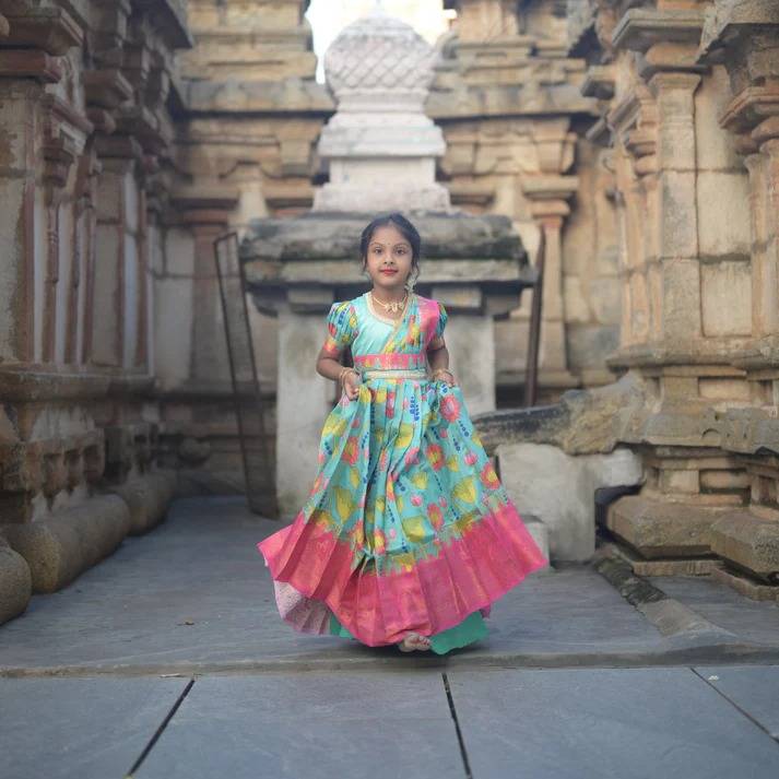 Ugadi Special Attach Dupatta kids Gown Silk Sky blue Boutique children clothing wholesale